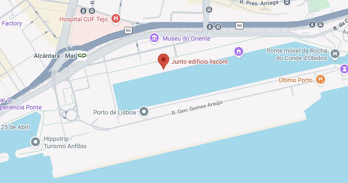 Mapa da zona da Doca do Espanhol, junto ao edifício Liscont, em Alcântara